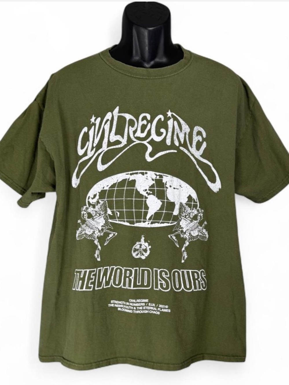 Civil Regime Olive Graphic Short Sleeve Tee – 'The World Is Ours' XL